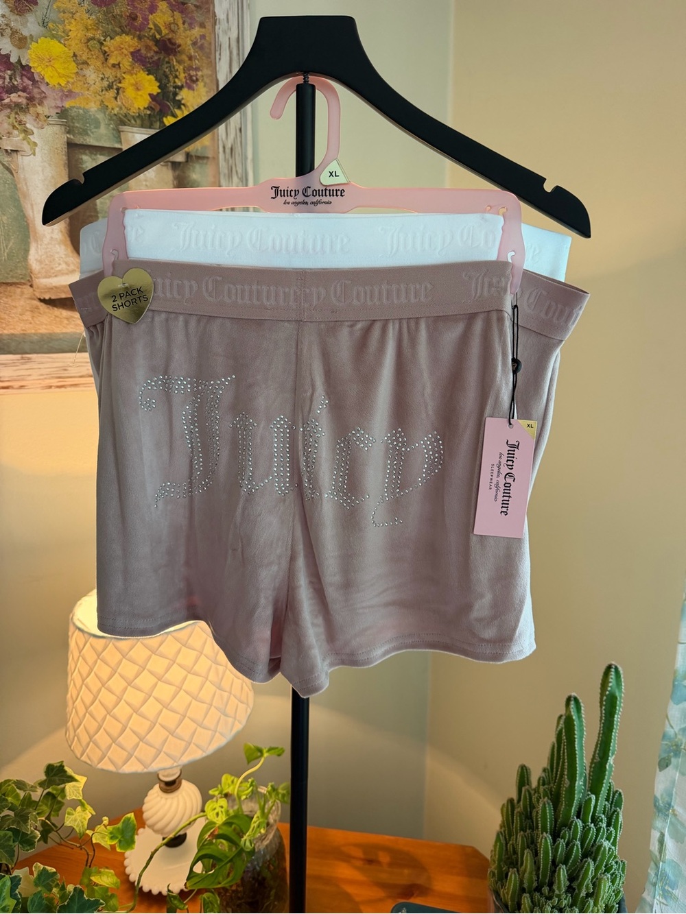 Juicy Couture Beige & White Velvet Rhinestone Logo Lounge Shorts - 2-Pack
